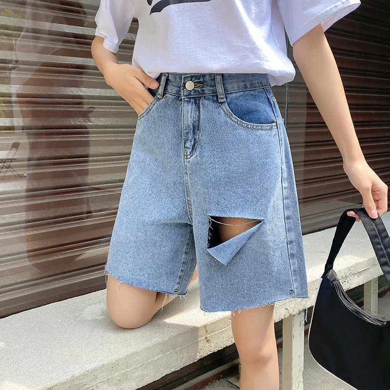 Hole Straight Jeans Women's summer Shorts korean Women's Clothes Pants Loose Cotton Blend Vintage Shorts