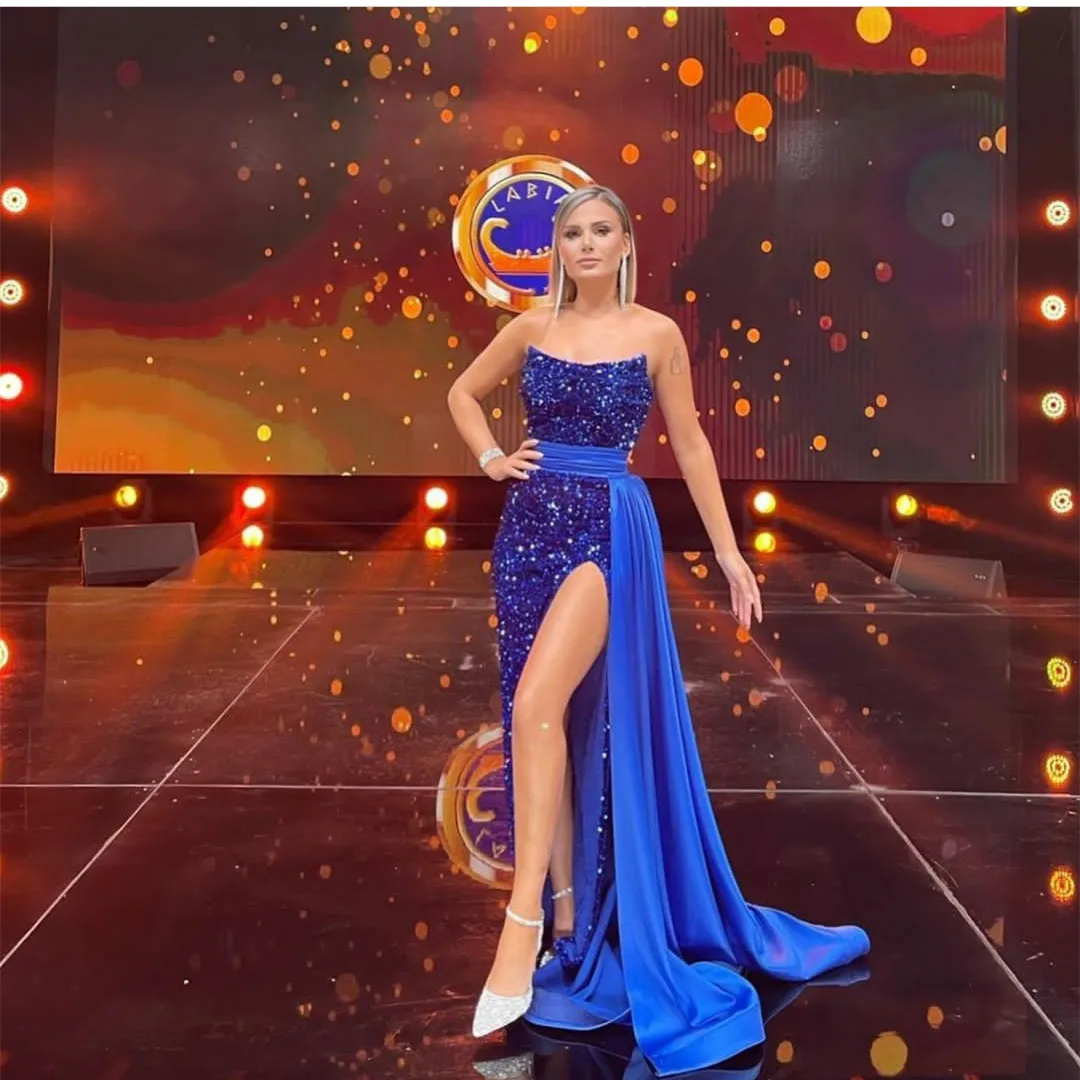 

Женское платье-Русалка со шлейфом, длинное платье без рукавов, расшитое блестками, с разрезом, синее платье для выпускного вечера