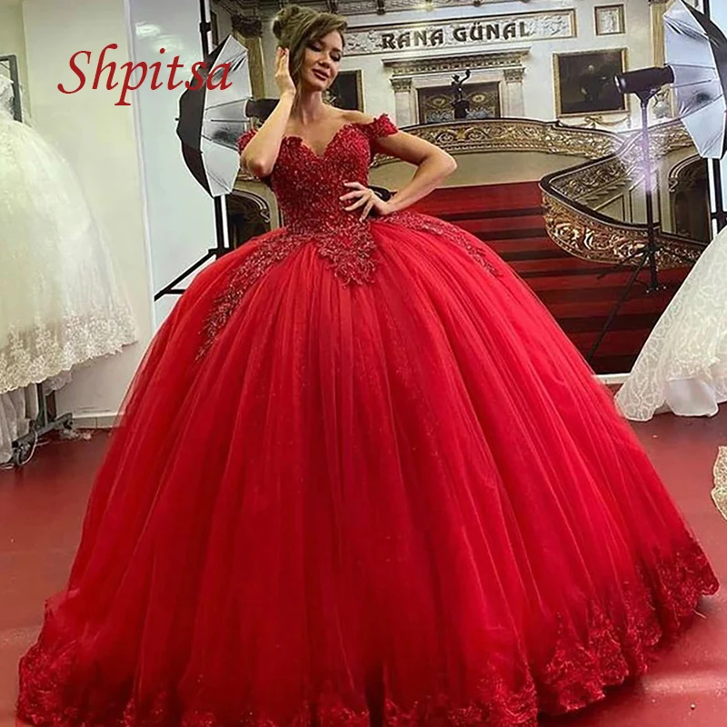 

Красное Кружевное бальное платье, платья для Quinceanera, женское милое платье с открытыми плечами для маскарада, 16 пышных выпускных платьев на 15 ...