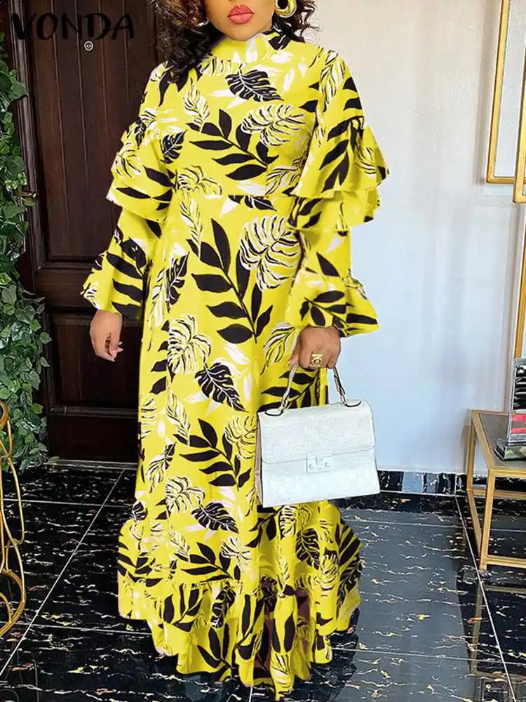 

VONDA 2022 Bohemian Autumn Women Casual Vintage Long Sleeve Ruffled Sundress Floral Printed Maxi Dress Loose Holiday Party Robe