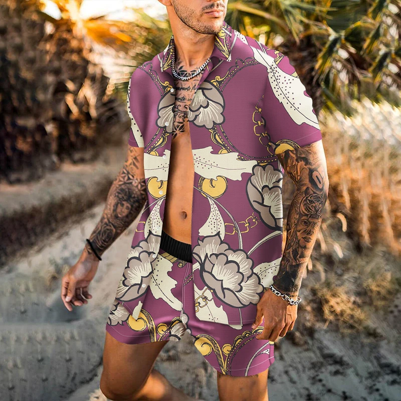 

2022 Summer Men's Shirt + Shorts 2 Piece Sut Hawaii Beach Casual 3D Brand Fashion Print Size S-4XL Oversized Male Clothing