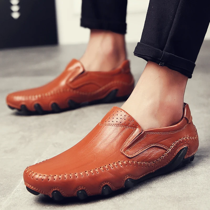

Flats Women's Genuine Leather Slip on Casual Shoes New Fashion Shallow Breathable Walking Shoes for Men Outdoor Male Loafers