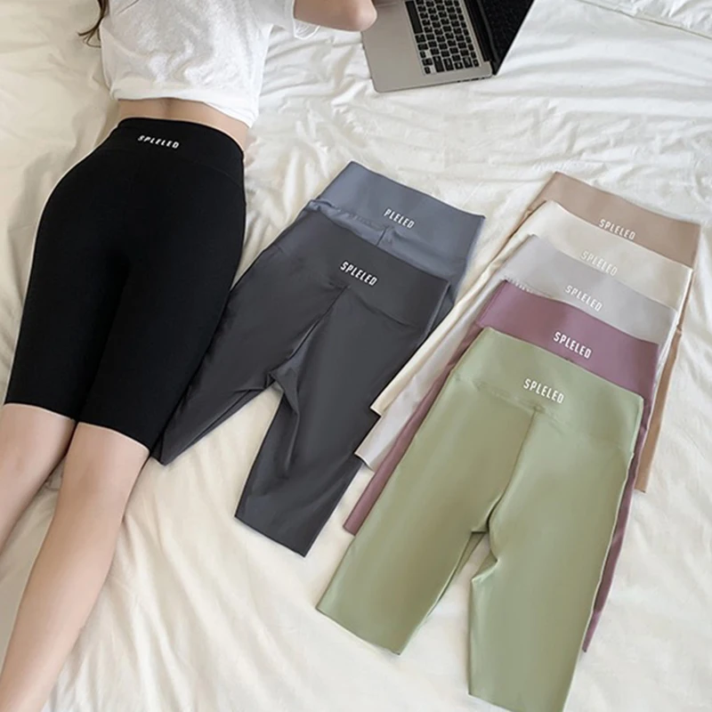 MOVOKAKA High Waist Cycling Fitness Leggings Women Crop Wide Waistband Push Up Short Leggings Workout Jogging Training Leggings