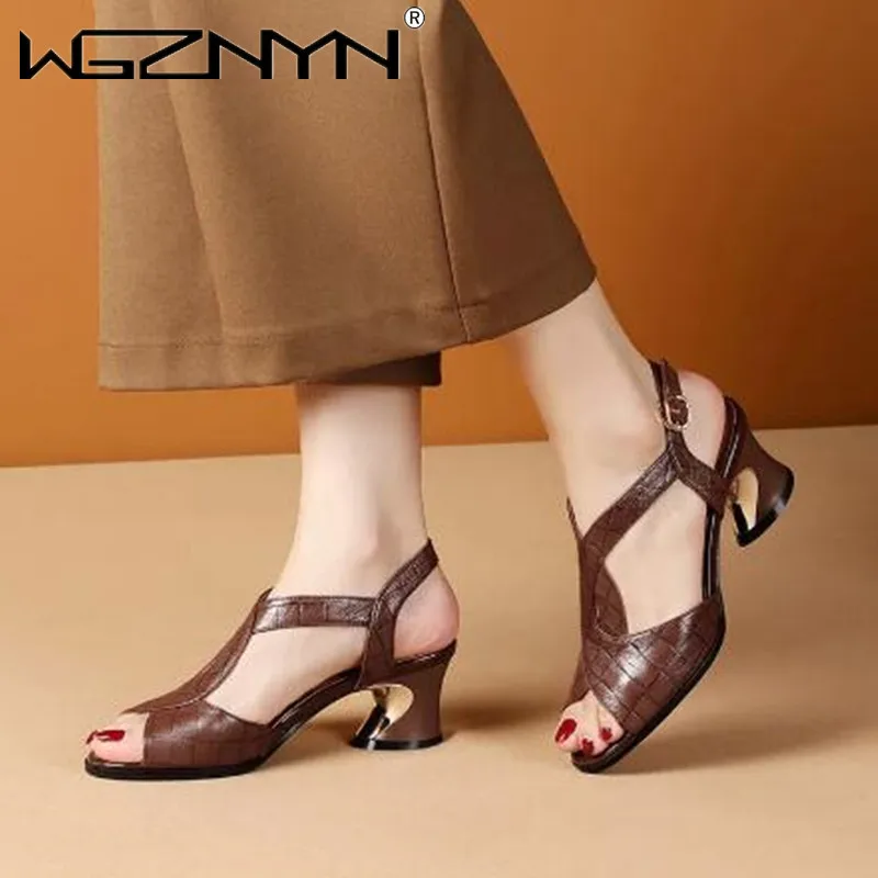 

2022 NEW Fashion Womens Sandals Summer Square Mid Heels Ankle Buckle Strap Shoes Korea Style Female Footware BLACK BROWN Sandals