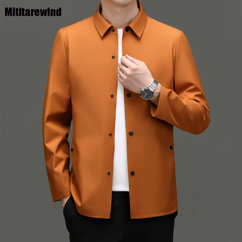 

Оригинальные новые мужские куртки, однотонное однобортное тонкое пальто с бесшовным отложным воротником, Простая Офисная куртка для мужчин среднего возраста