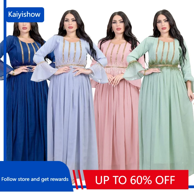 

Abaya Dress Summer Elegant Muslim Women Long Sleeve O-neck Blue Pink Green Polyester Long Abaya Muslim Fashion Dresses