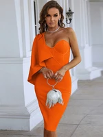 ruffle one shoulder bandage dress women orange bodycon dress evening party elegant sexy midi birthday club outfit 2022 summer