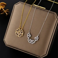 design sense double wear luxury zircon crystal four heart stainless steel necklaces for women korean fashion female neck chain