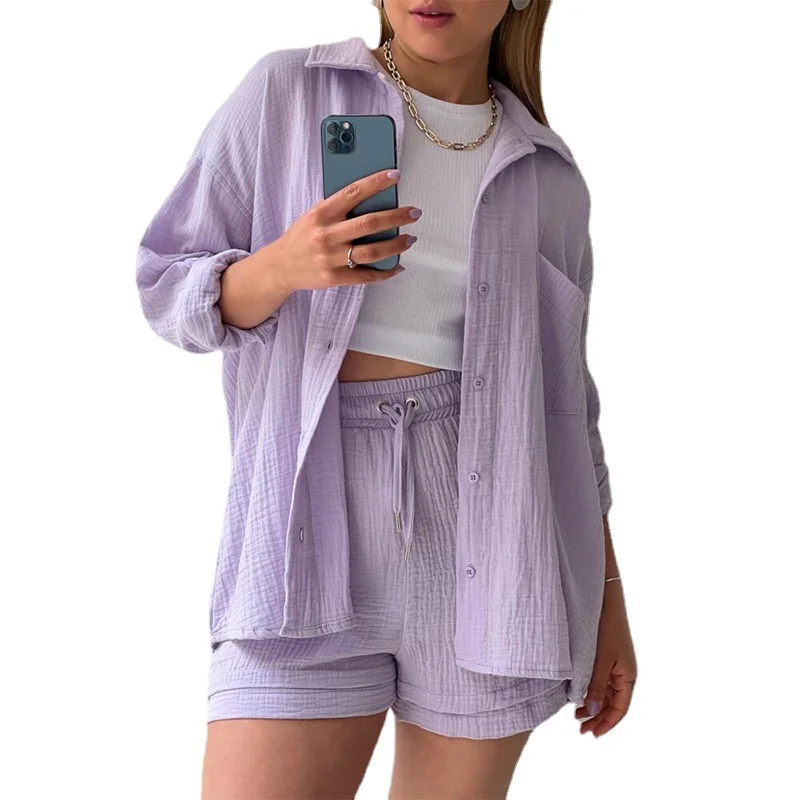Women's Spring 2023 Ruffle Lapels Long Sleeve Shirt High Waist Drawstring Shorts Large Size Fashion Casual Suit