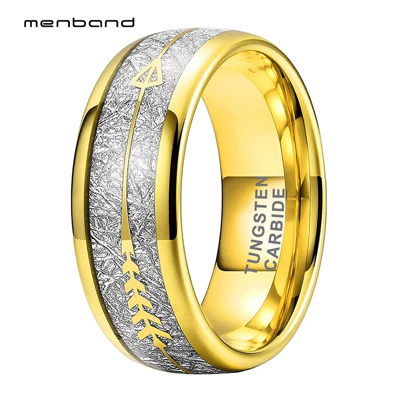 

8mm Mens Womens Gold Tungsten Carbide Rings With White Meteorite Rose Arrow Inlay Dome Polished Comfort Fit