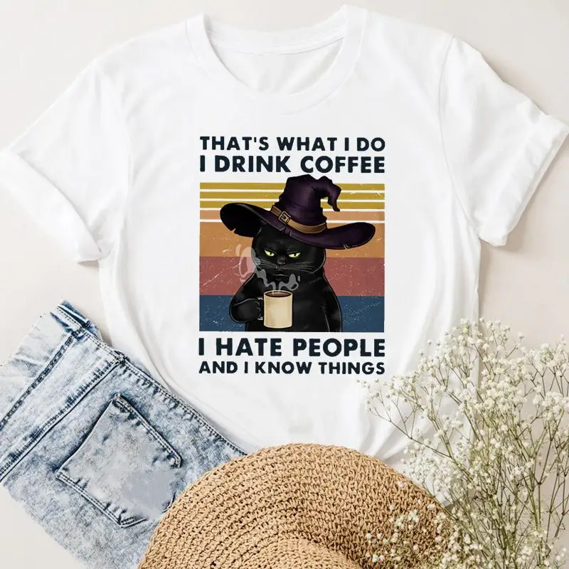 

Women Graphic Tee Coffee Cat Funny Pet Cute T-shirts Female Ladies Fashion Casual Clothing Short Sleeve Summer Tshirt Clothes