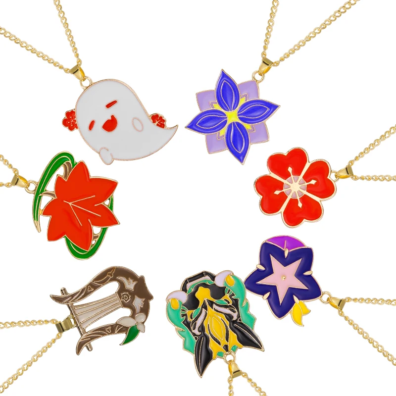 

Genshin Impact Enamel Pendant Necklace Game Kaedehara Kazuha Maple Leaf Xiao Mask Keqing Hutao Boo Jewelry Gift for Fans Players