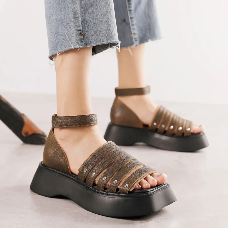 

Birkuir Hollow Out Wedges Sandals Genuine Leather Women Platform Shoes Rivet Beach Sandals Woven Thick Heel Ladies Sandals