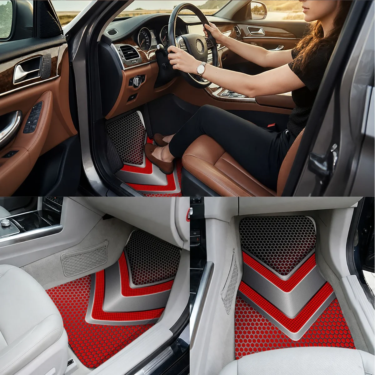 Фото Комплект из 4 универсальных автомобильных ковриков: красные с серебристым V-образным узором и сетчатым принтом, водонепроницаемые, противоскользящие, для защиты салона автомобиля №5