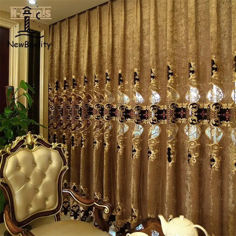 

2022 New Curtains Bedroom European Luxury Brown Embroidered Curtains for Living Room with The Sheer Luxury Hotels Window Door