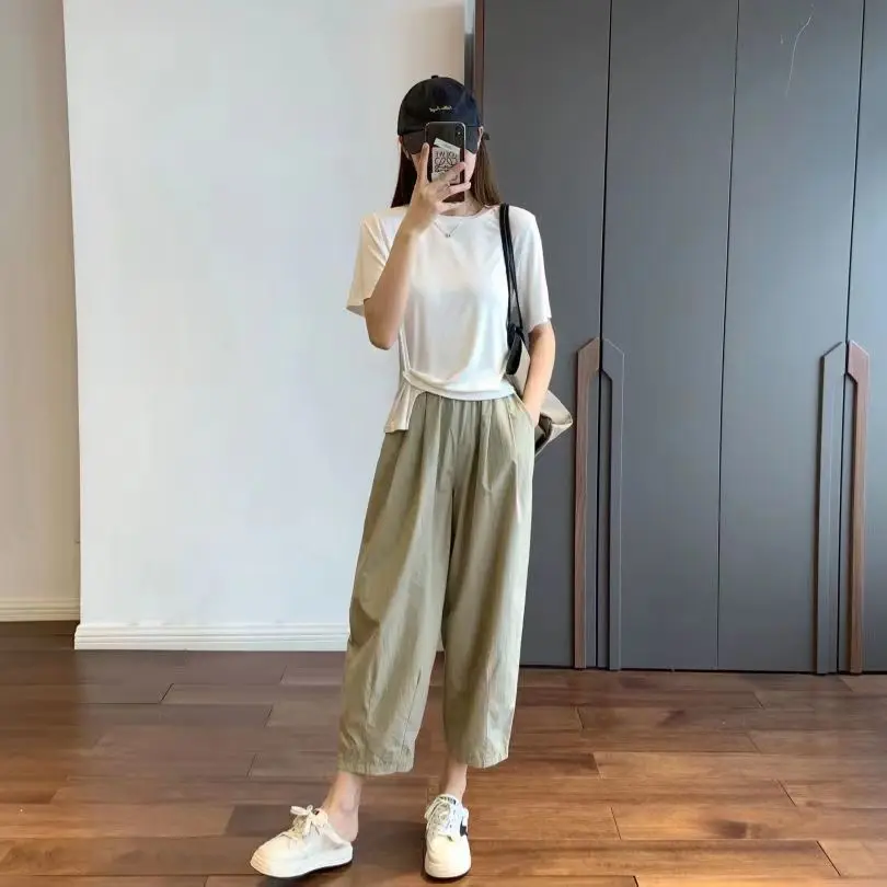Повседневные тонкие укороченные брюки с широкими штанинами для женщин Новинка