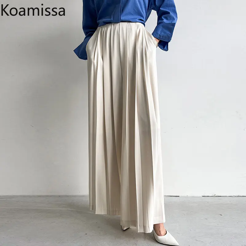 Koamissa High Waist Women Thin Straight Pants Office Lady Summer Pleated Wide Leg Pant Casual Loose All Match Femme Trousers New
