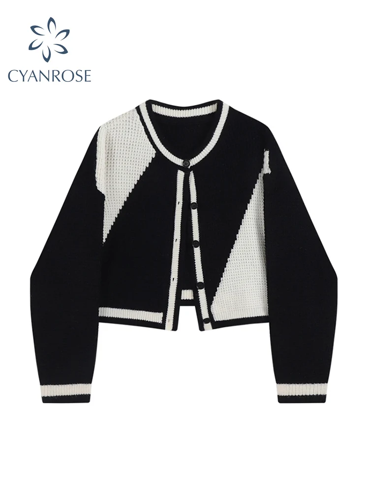 

Spring Women Fashion Patchwork Sweater Coat Long Sleeve Female Korean Vintage Loose Single Breasted V Neck Knitted Cardigan Top