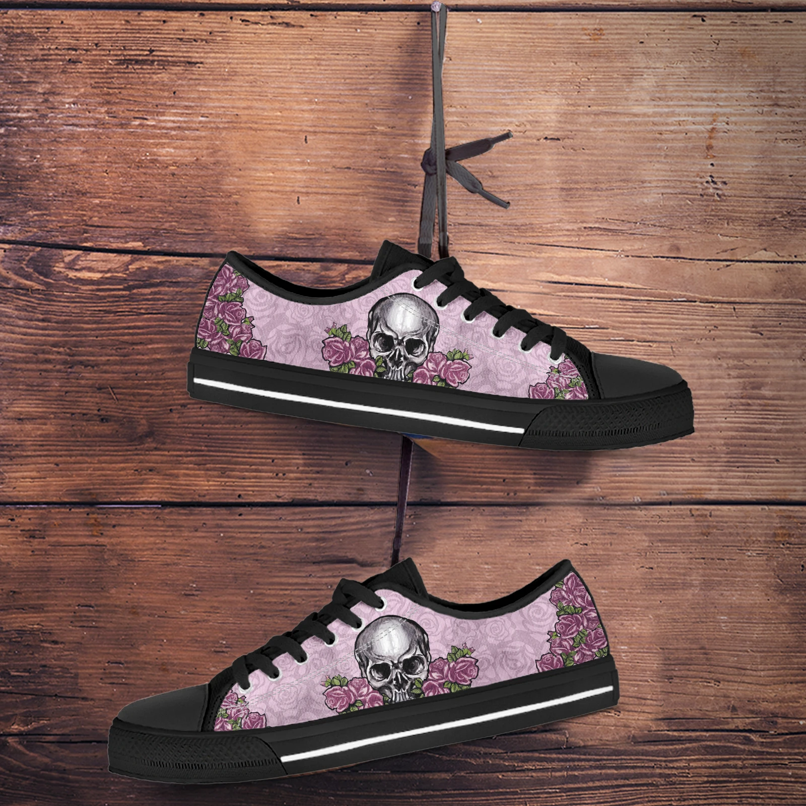 ELVISWORDS Queen Skull Flower 3D Print Vulcanize Shoes Fashion Women Canvas Low Top Flats Lace Up Comfortable Shoes Walk Zapatos