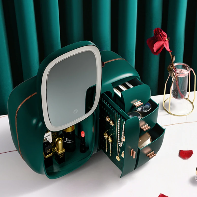 

New Cosmetic Storage Box With Mirror Led Light Desktop Makeup Jewelry Beauty Case Dust-Proof Drawer Organizer For Cosmetics