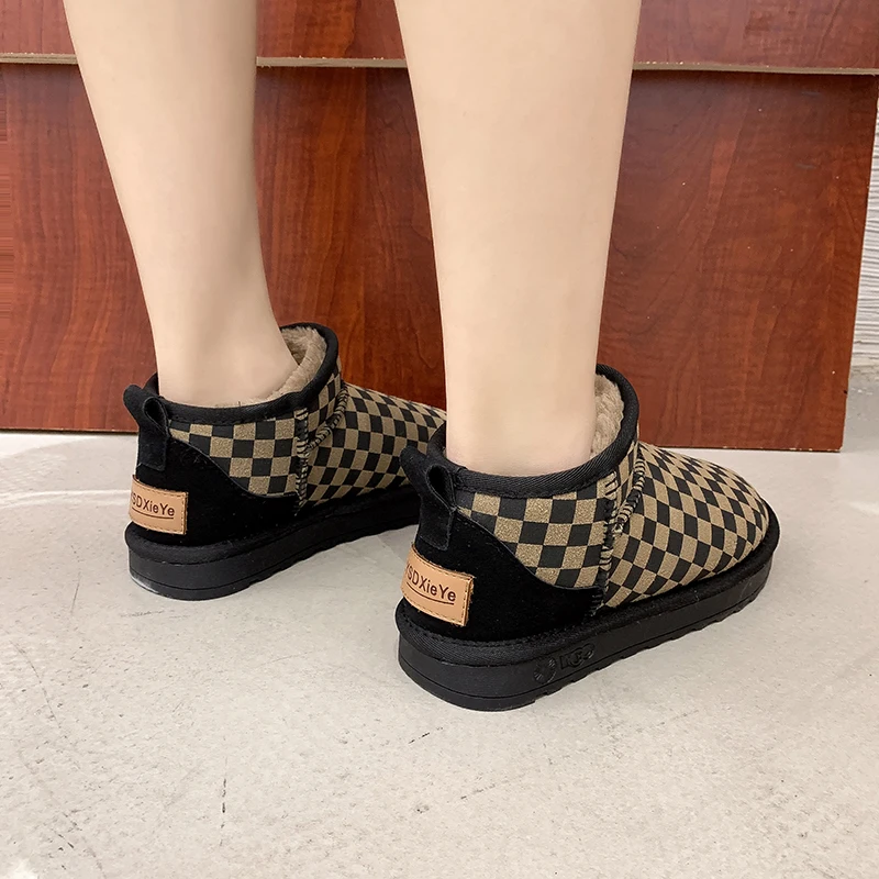 2022 Comfortable Flat Casual Platform Color Blocking Checkered Shoes Ankle Boots Plush Warm  Mujer Women Snow Boots Winter