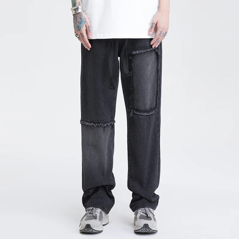 Fall new American high street hip hop straight Leg jeans fashion brand stitching beggar embroidered fashion jeans