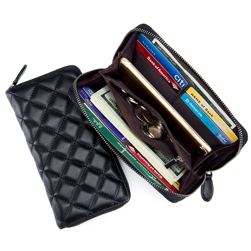 Genuine Leather Long Wallets for Woman Luxury Sheepskin Quilted Diamond Female Purse Large Capacity Business Credit Card Holder
