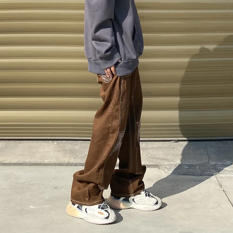 Four Seasons Men's Jeans Fashion Street Hip Hop Straight Patches Loose Versatile Solid Color Wide Leg Pants Street Men Clothing
