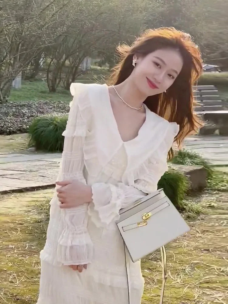 

Весеннее пляжное праздничное платье с нежным ветром 2023, белое кружевное сказочное платье с кукольным воротником и деревянными ушками