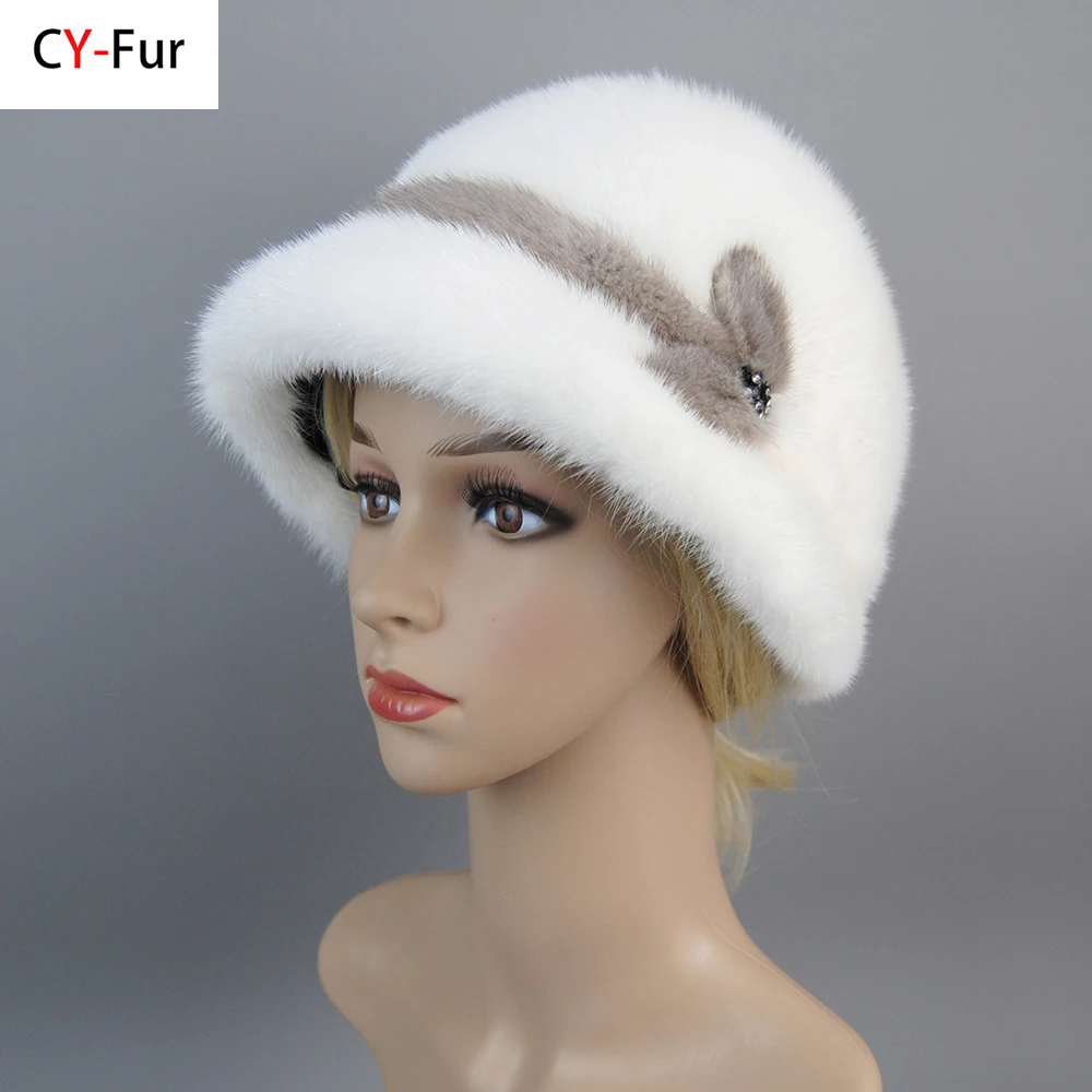 2023 New Russian Girl Soft Knitting Real Fur Bucket Hats Woman Winter Solid Mink Caps With Fashion arrow Natural Mink Fur Hats
