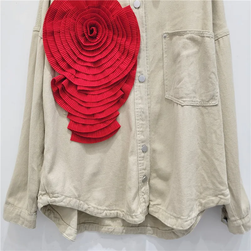 Женская джинсовая рубашка с длинным рукавом объемная плиссированная цветочным