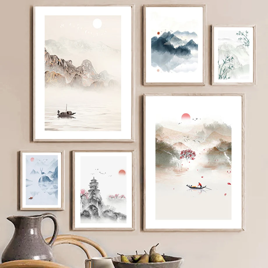 Пейзаж с чернилами горы лодка башня облака настенная Картина на холсте