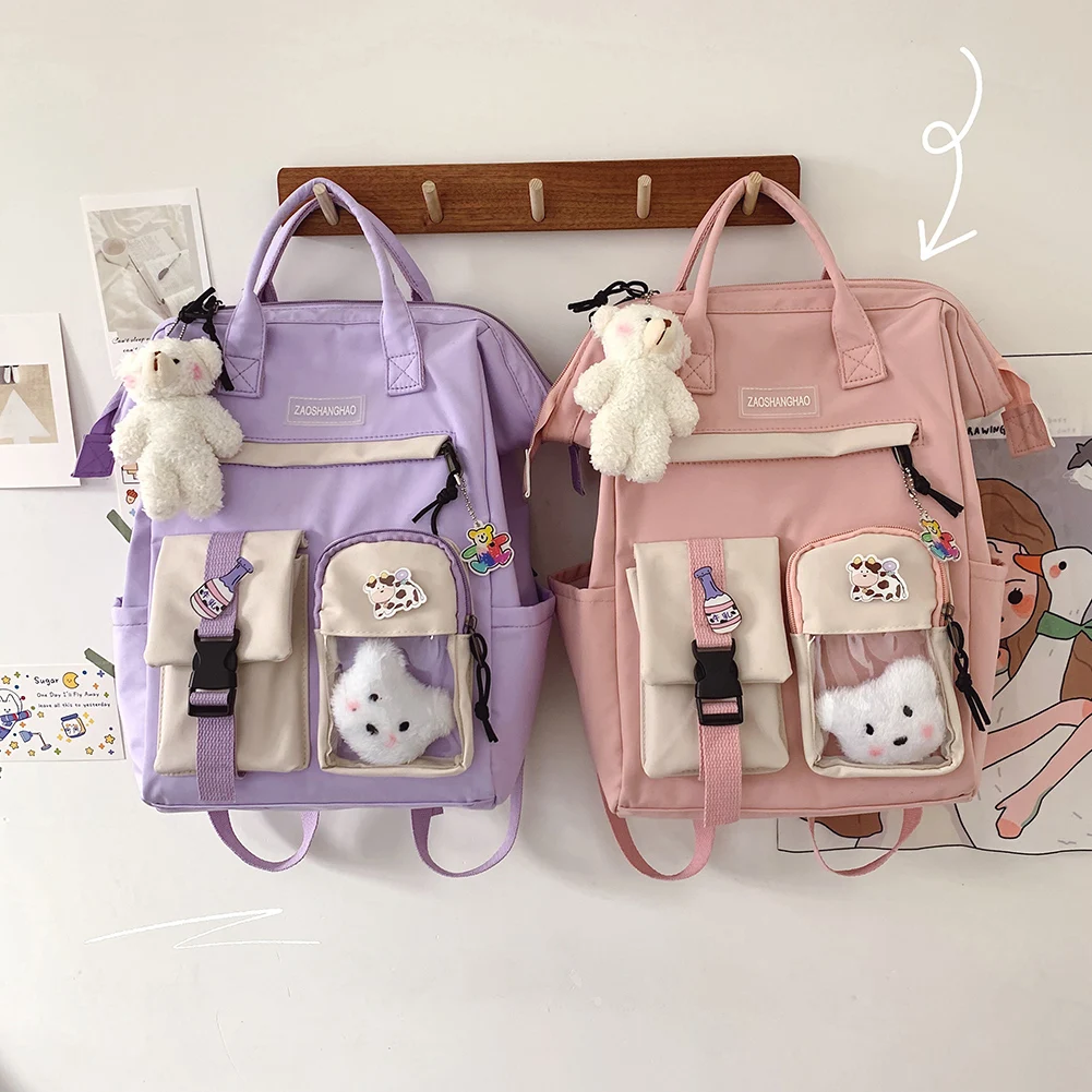 

Preppy Style Women Contrast Color Backpack Fashion Large Capacity Students School Bag Casual Nylon Knapsack with Badge Bear