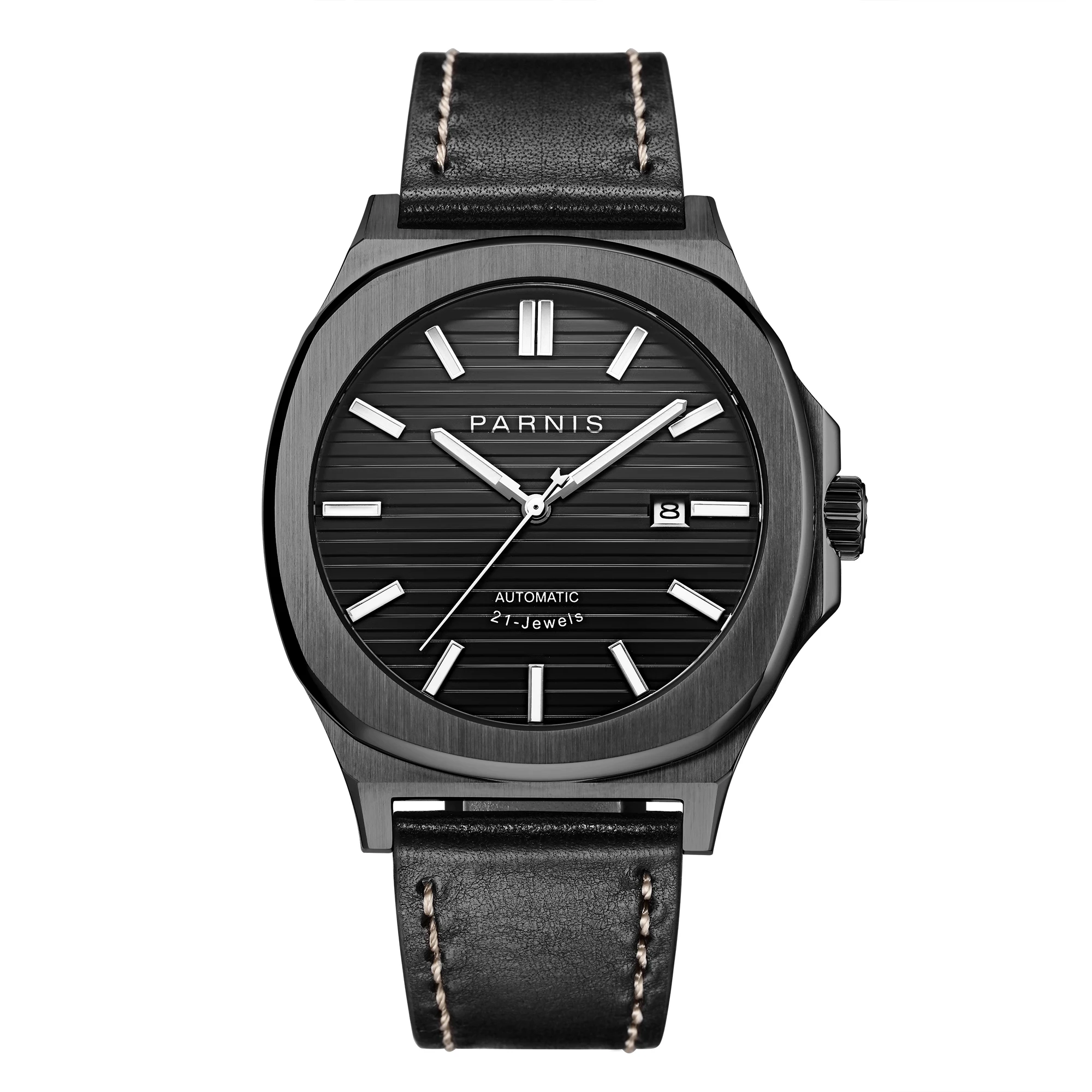 

Fashion Parnis 42mm Full Black Automatic Mechanical Men Watches Sapphire Crystal Calendar Leather Strap Waterproof Watch relojes