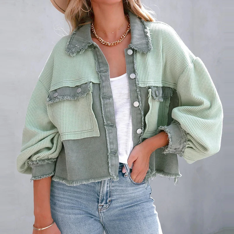 

Spring Autumn Lady Frayed Coat Fashion Lapel Single-breasted Loose Splicing Contrast Color Tops 2022 Women Solid Cropped Jackets