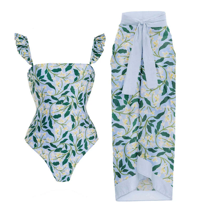 2023 New Holiday Retro Swimsuit Skirt Womem Ruffle Swimwear Female Luxury Chiffon Beach Dress Cover Up Floral Print Bathing Suit