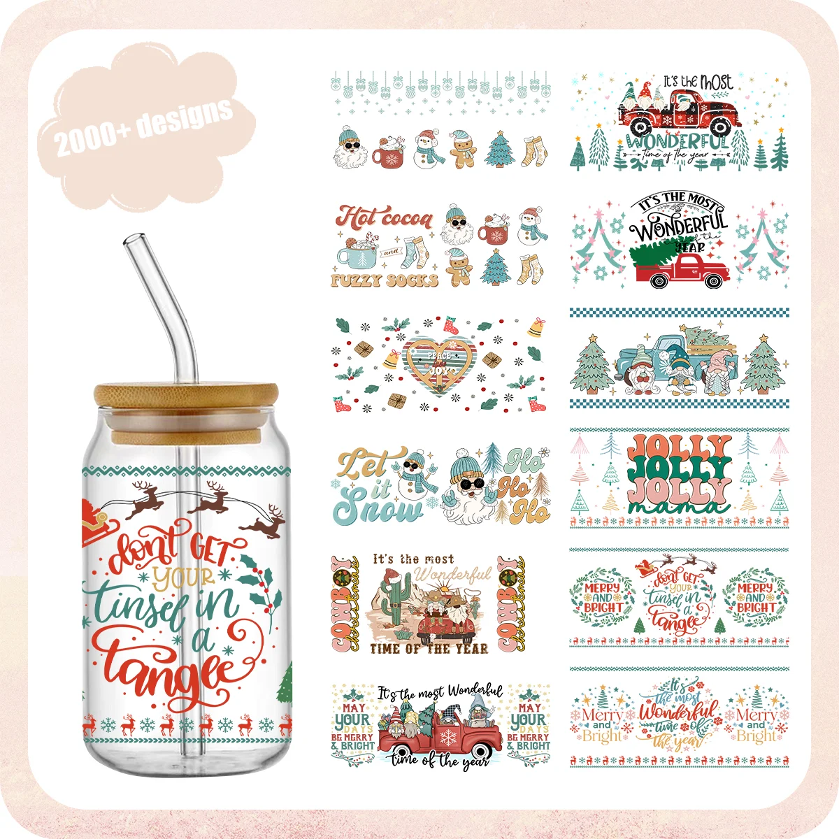 Рождественский дизайн водонепроницаемая УФ-обертка для чашек DTF очков Libbey