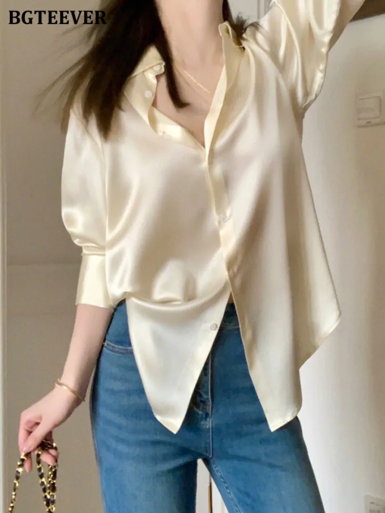 

Блузка BGTEEVER Женская однотонная с отложным воротником, элегантный топ с длинным рукавом, свободная однобортная атласная рубашка, весна-лето