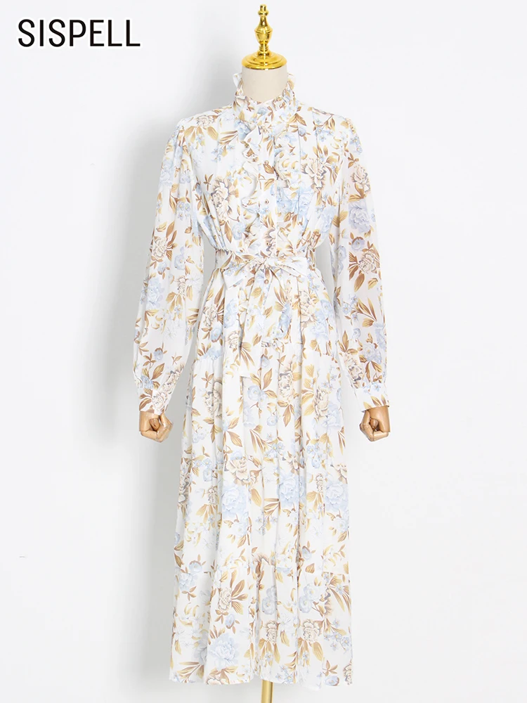 

SISPELL Print Floral Loose Dress For Women Stand Collar Long Sleeve High Waist Colorblock Vintage Midi Dresses Female Spring New