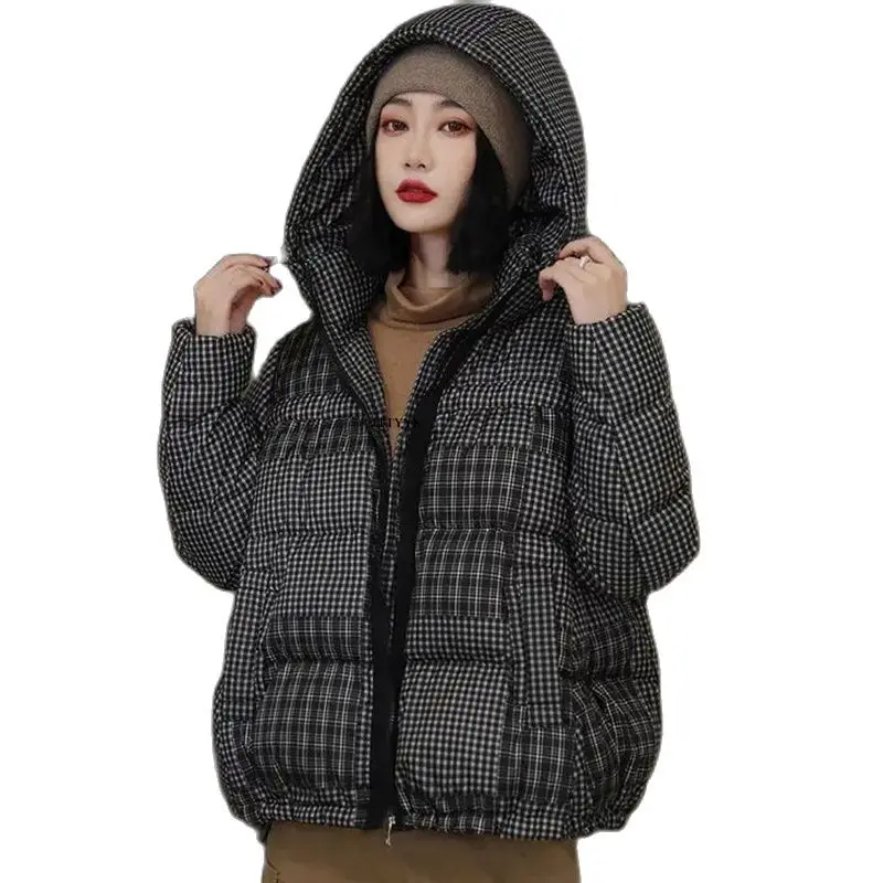 

Large size Plaid Duck Down Coats Winter Woman 2022 Vintage Down Jackets Fashion Hooded Bread Coats Female Thick Warm Short Parka