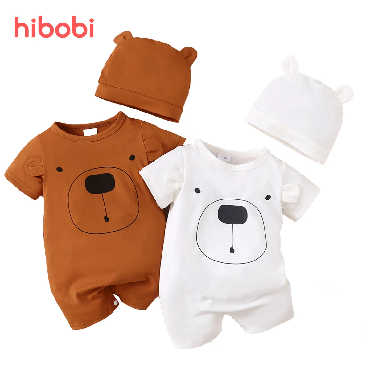 

hibobi Baby Boy Clothes Bear Printed Short-sleeve Bodysuit With Hat For Newborns One-piece Baby Romper
