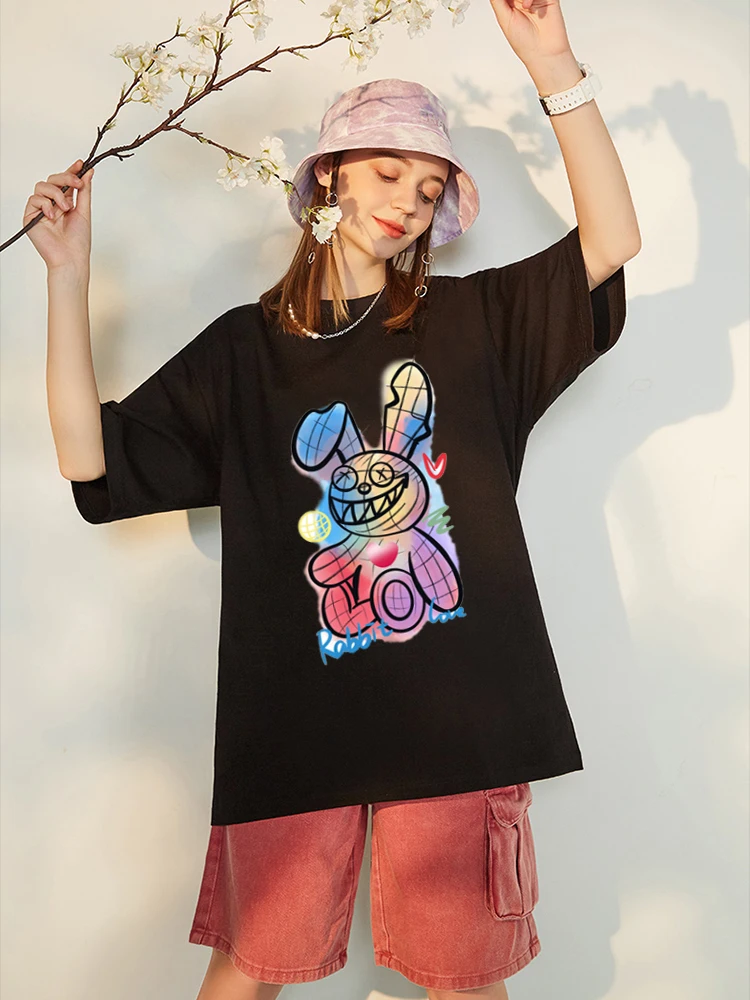 

Футболка женская хлопковая с принтом дьявола и кролика, свободная уличная одежда оверсайз с коротким рукавом, дышащая мягкая брендовая руб...