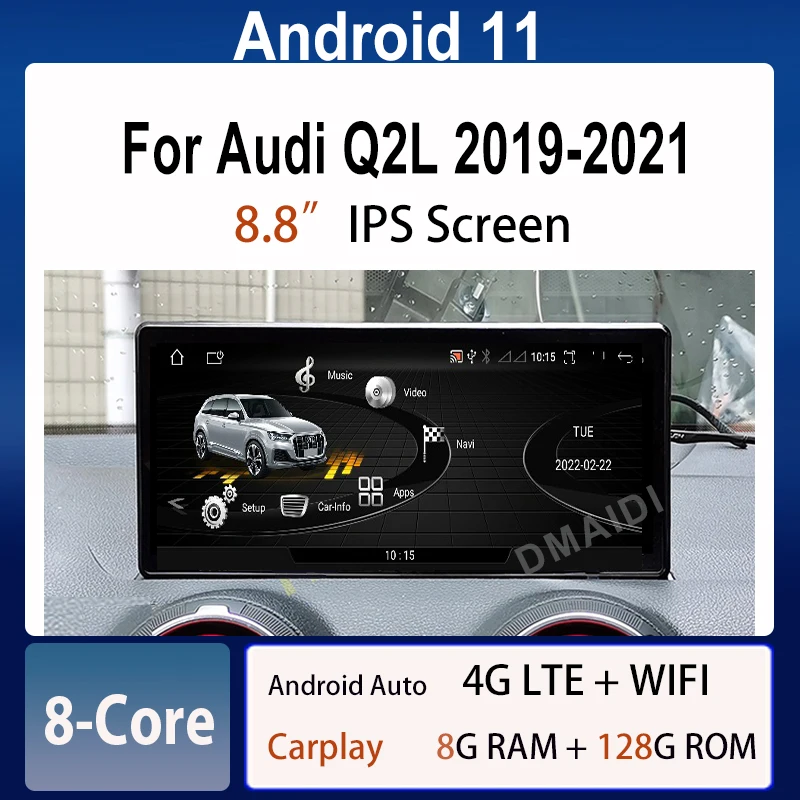 

Автомобильный мультимедийный плеер, 8,8 дюйма, Android 11, 8 +, 128 ГГц, GPS-навигация, радио для Audi Q2 2018-2021, CarPlay, видео, стерео экран