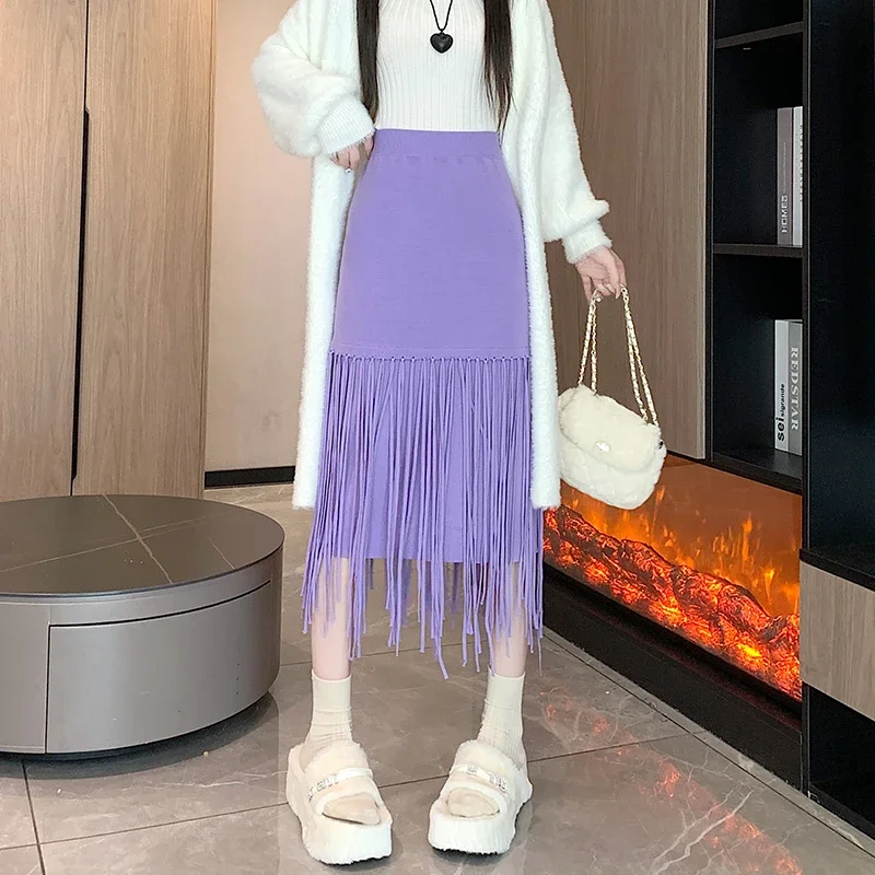 Юбка-миди Женская трикотажная трапециевидная с высокой талией и кисточками