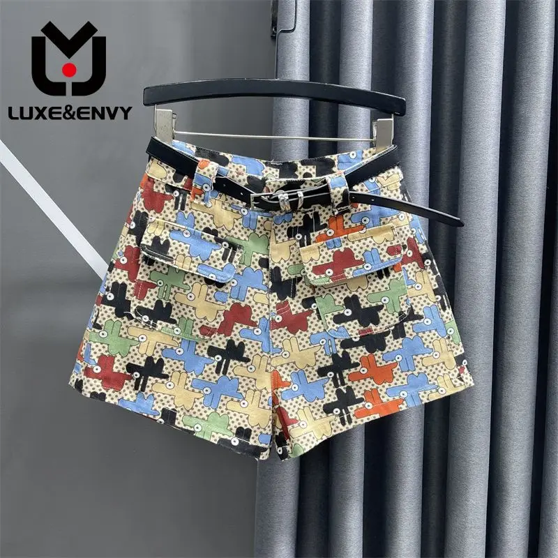 

Design sense work attire A-line wide leg pants women's summer new slim high waisted cartoon pattern denim shorts trend