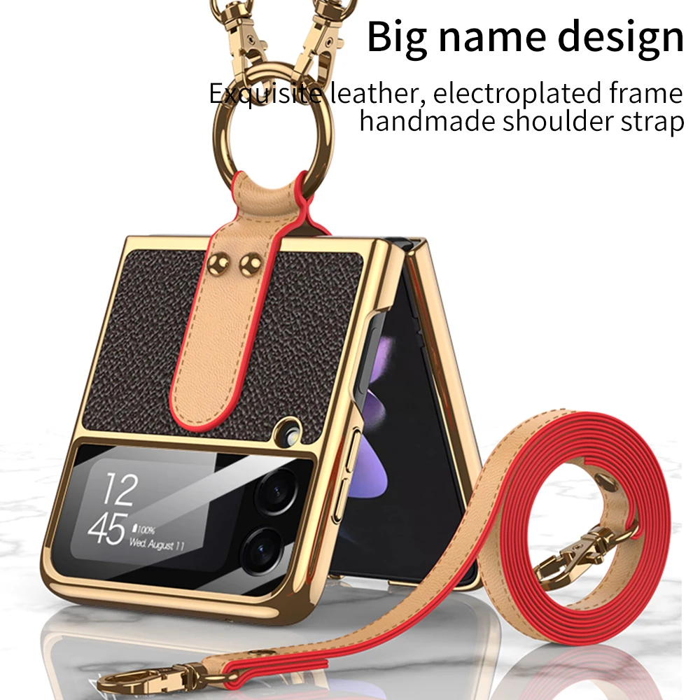 Sheepskin Leather Case for Samsung Galaxy Z Flip 3 Flip 4 Case Women Lanyard Case For Flip3 Flip4 Z flip4 6.7'' Lens Shockproof