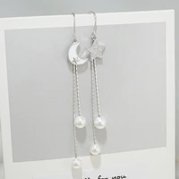 korean earring asymmetrical star moon pearl five pointed star fringe ear line long sterling silver earrings 349ex