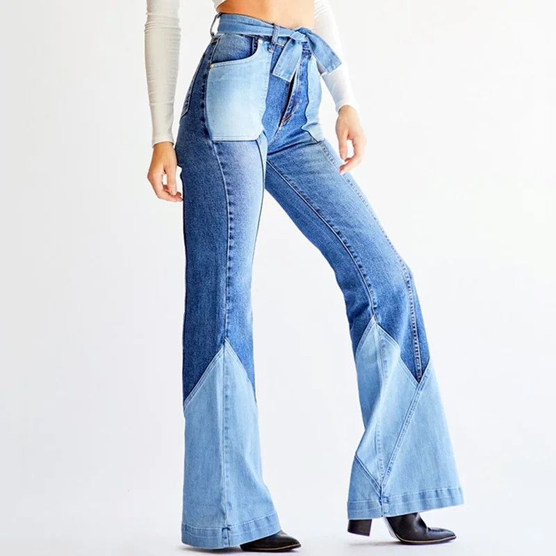 Women's Skinny Two-color Stitching Jeans with Pocket Belt Sexy Denim Flared Boyfriend Jeans Color Block High Waist Flared Jeans
