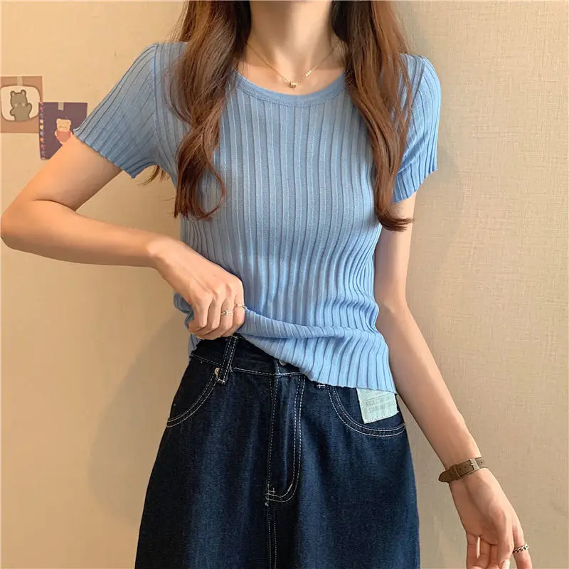 

Summer Slim Fit and Slim Knitted Short-sleeved Thin Top Short T-shirt Design Women's Clothing