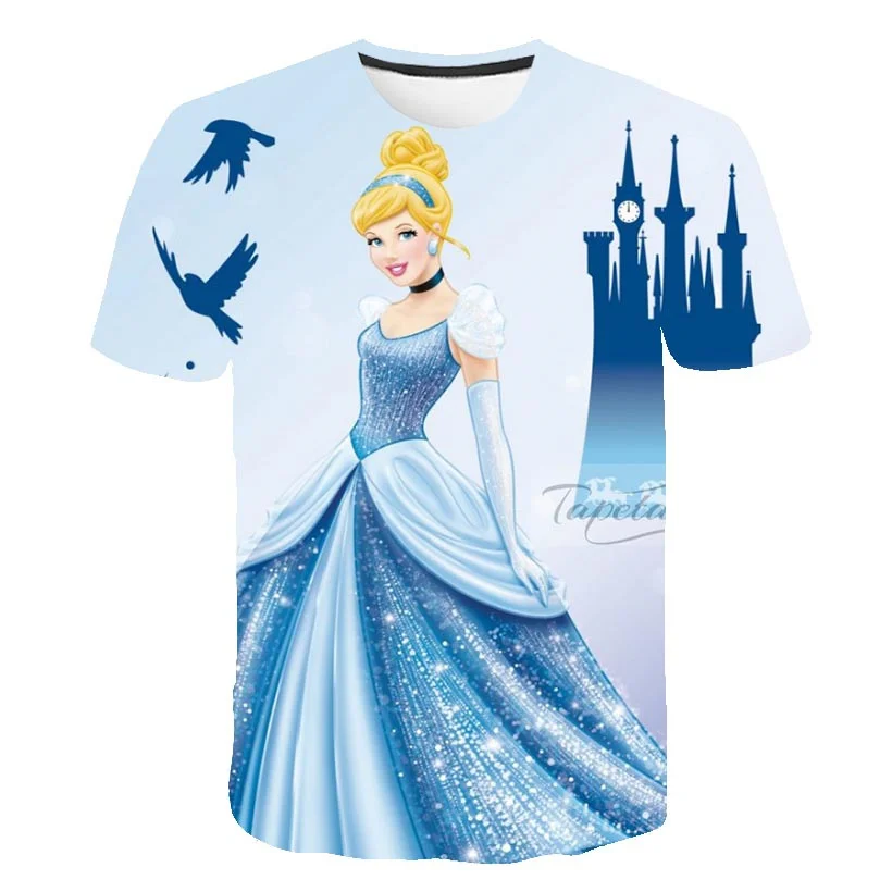 

Новинка, детские летние футболки Золушки для девочек на день рождения, модные футболки с коротким рукавом, одежда с рисунком Рапунцель Белл...
